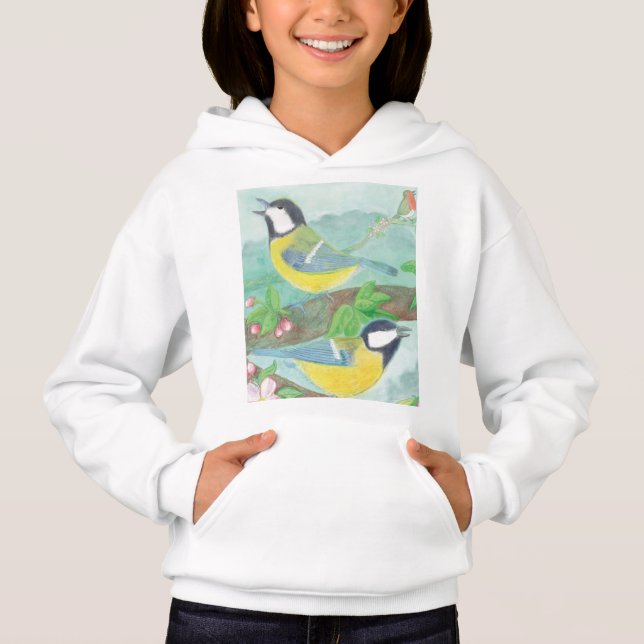 Birds singing on a blossoming tree branch  hoodie (Front)
