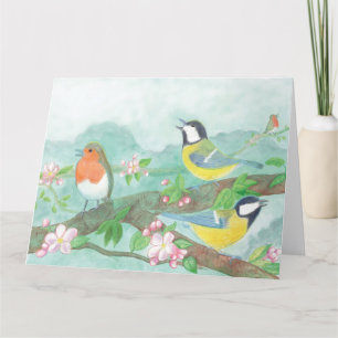 Birds singing on a blossoming tree branch letterpress thank you card