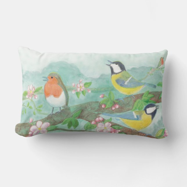 Birds singing on a blossoming tree branch  lumbar pillow (Front)