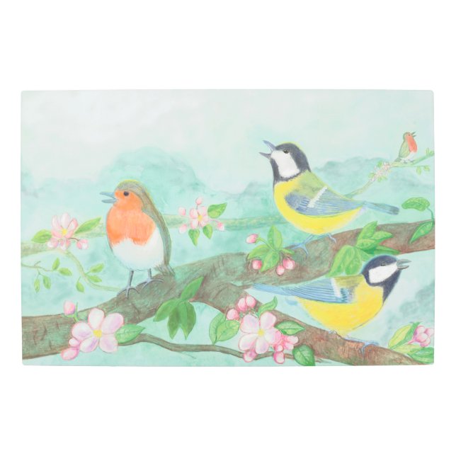 Birds singing on a blossoming tree branch  metal print (Front)