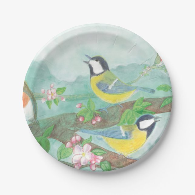 Birds singing on a blossoming tree branch   paper plates (Front)