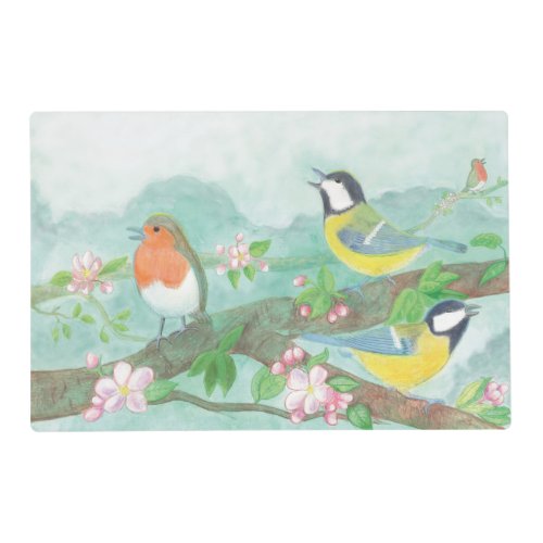 Birds singing on a blossoming tree branch  placemat