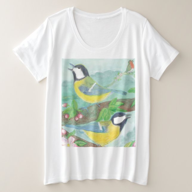 Birds singing on a blossoming tree branch  plus size T-Shirt (Design Front)