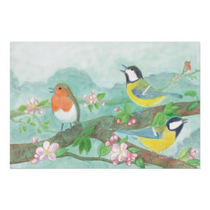 Birds singing on a blossoming tree branch poster