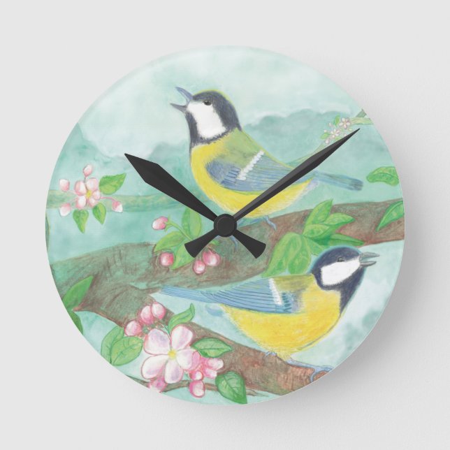 Birds singing on a blossoming tree branch  round clock (Front)