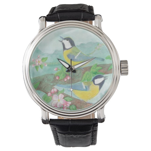 Birds singing on a blossoming tree branch  watch (Front)