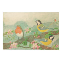Birds singing on a blossoming tree branch 