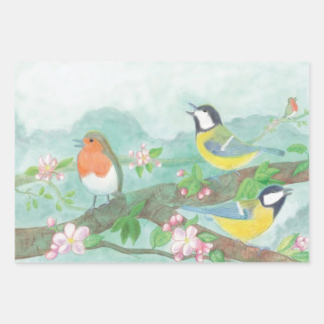Birds singing on a blossoming tree branch  wrapping paper sheets (Front)