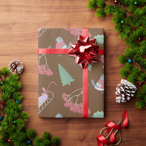 Birds Sleds and Holly Christmas Wrapping Paper