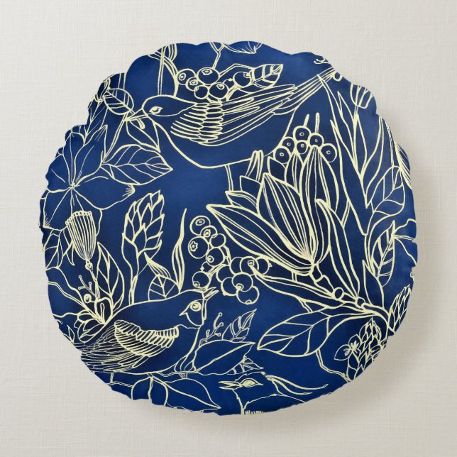 Birds Spring Floral Blossom Blue Glitter Round Pillow (Front)