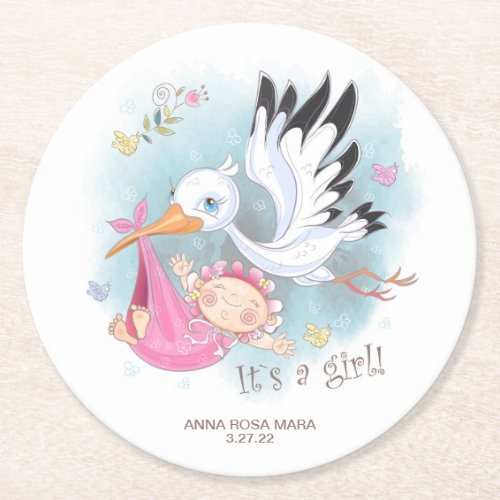   Birds Stork Baby Girl Flowers Baby Shower Round Paper Coaster