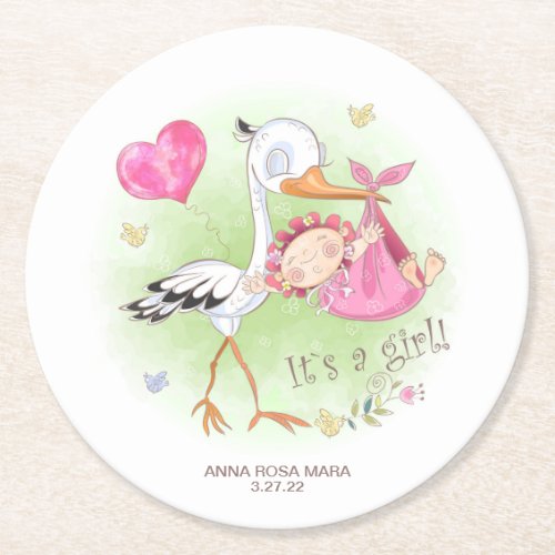   Birds Stork Baby Girl Heart Baby Shower Round Paper Coaster