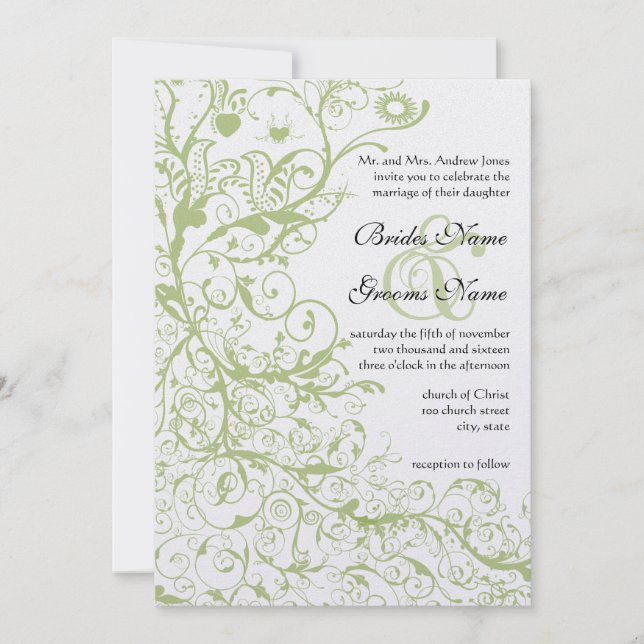 Birds Swirls#27 Wedding Invitation Green Hydrangea (Front)