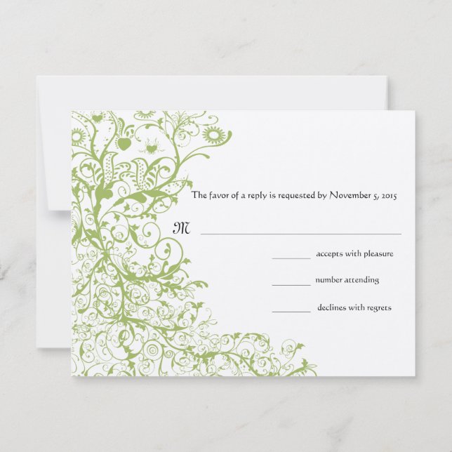 Birds & Swirls Wedding RSVP Green Hydrangea #31 Card (Back)