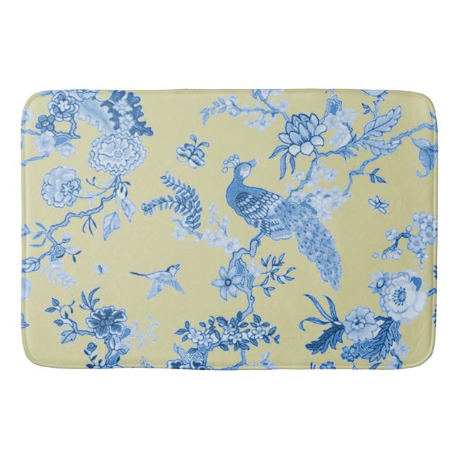 Birds Toile Blue & Mustard Bath Mat (Front)