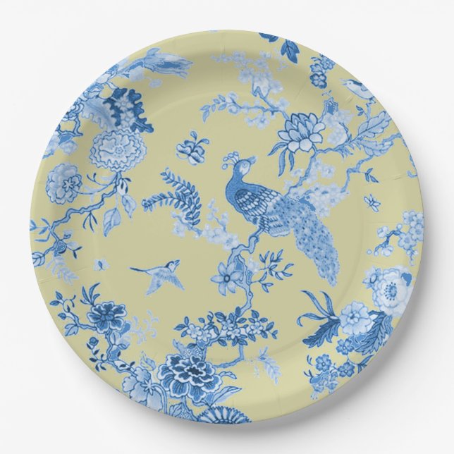 Birds Toile Blue & Mustard Paper Plates (Front)