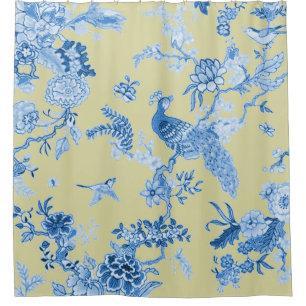 Birds_Toile_Blue & Mustard Shower Curtain