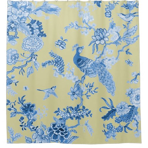 Birds_Toile_Blue  Mustard Shower Curtain