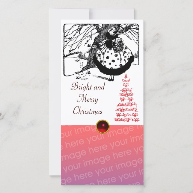 BIRDS TREE AND CHRISTMAS LADY Black White Red Gem Holiday Card (Front)