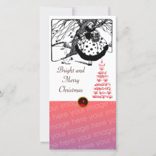 BIRDS TREE AND CHRISTMAS LADY Black White Red Gem Holiday Card