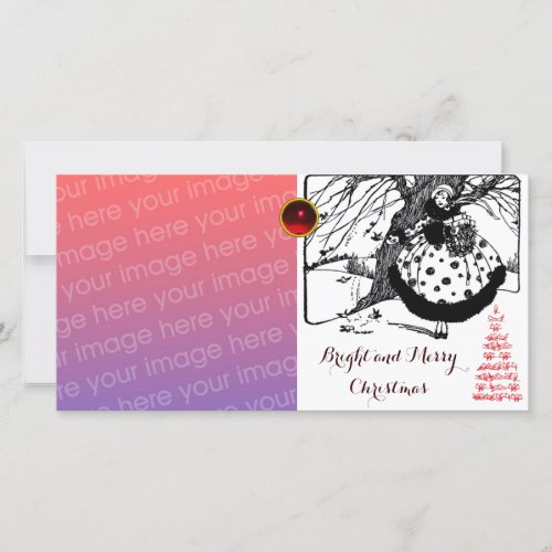 BIRDS TREE AND CHRISTMAS LADY Black White Red Gem Holiday Card