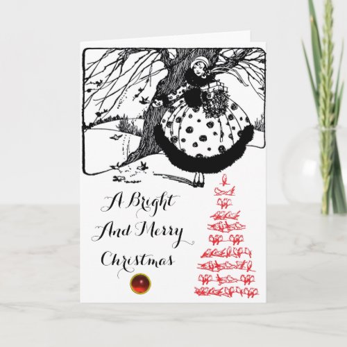 BIRDS TREE AND CHRISTMAS LADY Black White Red Gem Holiday Card