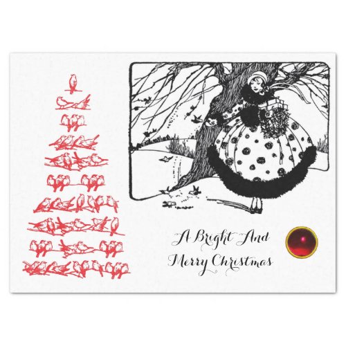 BIRDS TREE AND CHRISTMAS LADY Black White Red Gem Tissue Paper