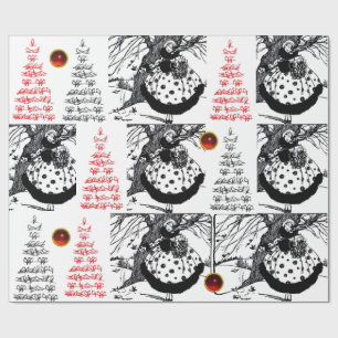 BIRDS TREE AND CHRISTMAS LADY Black White Red Gems Wrapping Paper