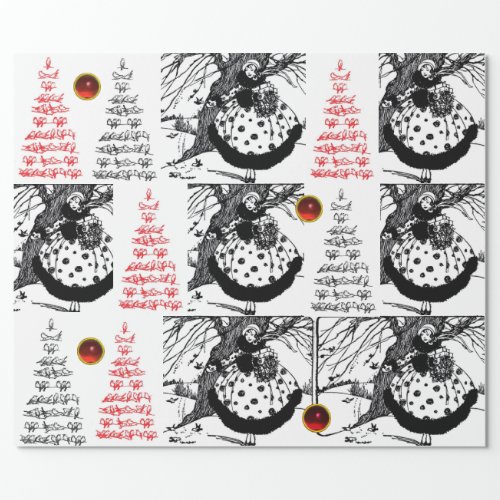 BIRDS TREE AND CHRISTMAS LADY Black White Red Gems Wrapping Paper