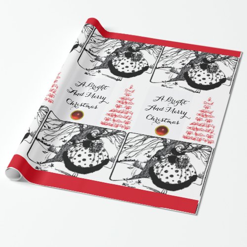 BIRDS TREE AND CHRISTMAS LADY Black White Red Gems Wrapping Paper