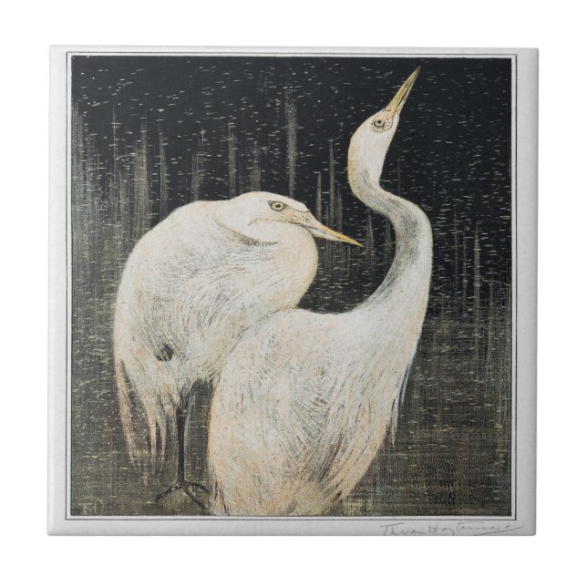 Birds Two Egrets Victorian Art Ceramic Tile (Front)
