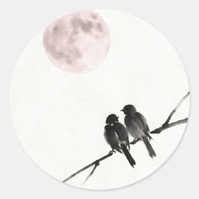 Birds Under Blush Moon Classic Round Sticker (Front)