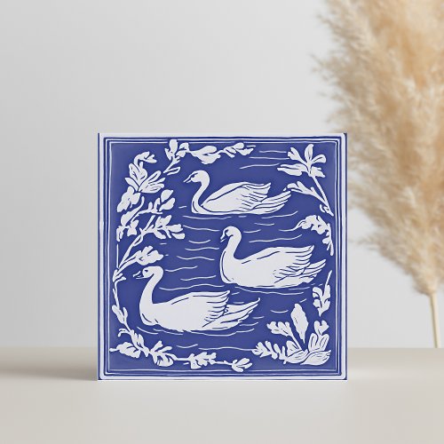 Birds Vintage Blue and White Art Nouveau Swans Ceramic Tile