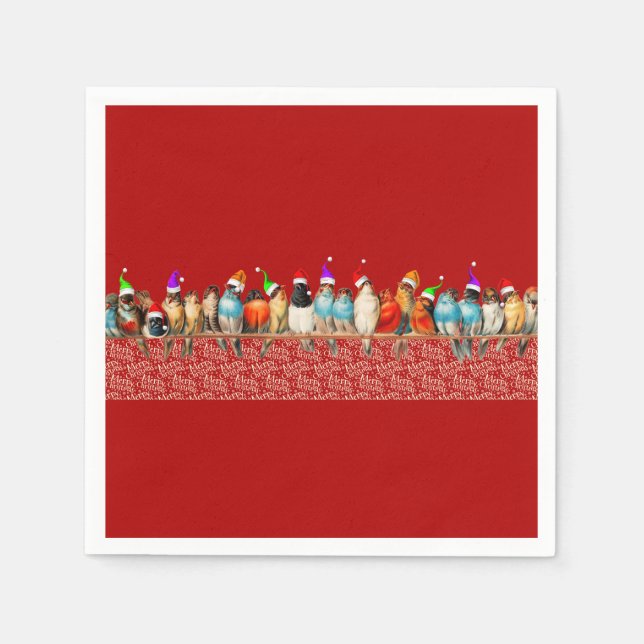 Birds Wearing Santa Hats Sitting on a Perch    Napkins (Front)