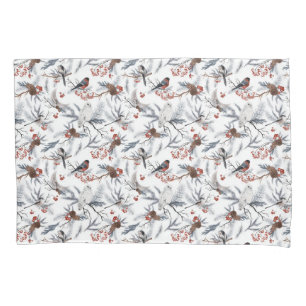 Birds White Gray Silver Branch Red Berries Nature Pillow Case