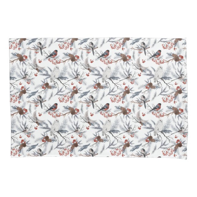 Birds White Gray Silver Branch Red Berries Nature Pillow Case (Front)
