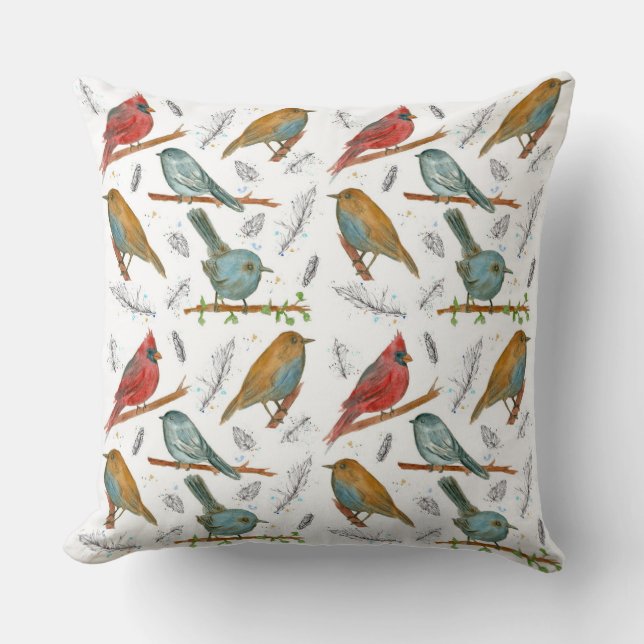 Birds Wildlife Ink Watercolor Illustrations Throw Pillow (Front)