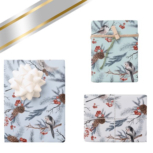 Birds Winter Foliage Botanical Watercolor Pattern  Wrapping Paper Sheets