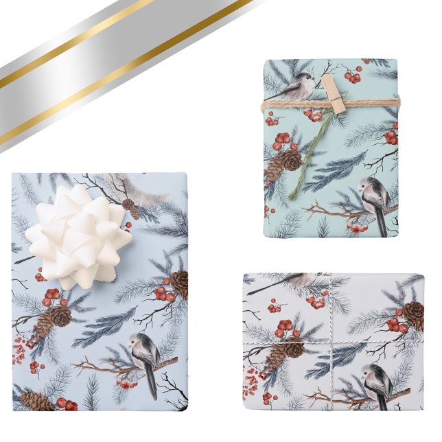 Birds Winter Foliage Botanical Watercolor Pattern  Wrapping Paper Sheets (Birds Winter Foliage Wrapping Paper Sheets)