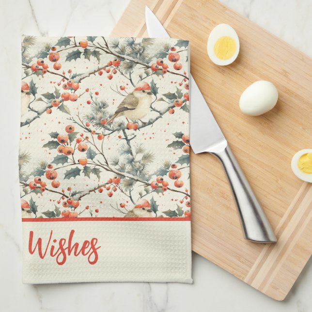 Birds Winter Holly Red Berries Christmas Holiday Kitchen Towel (Quarter Fold)