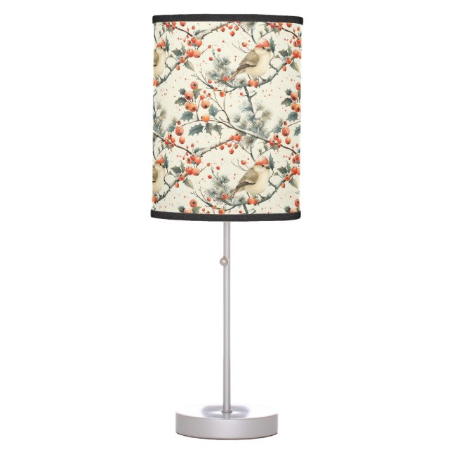 Birds Winter Holly Red Berries Christmas Holiday Table Lamp (Front)
