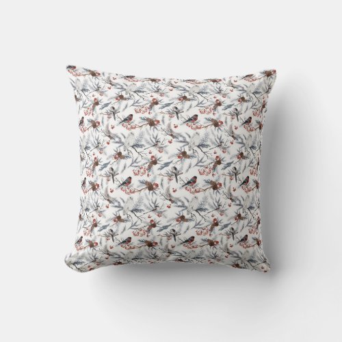 Birds Winter White Gray Silver Branch Red Berries Throw Pillow