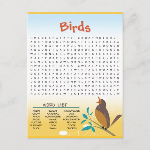 Birds Word Search Activity Card