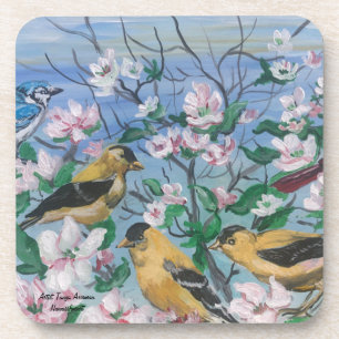 Birds yellow finch blooms Hand Painted Original  Beverage Coaster
