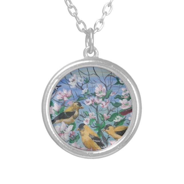 Birds yellow finch blooms  silver plated necklace (Front)