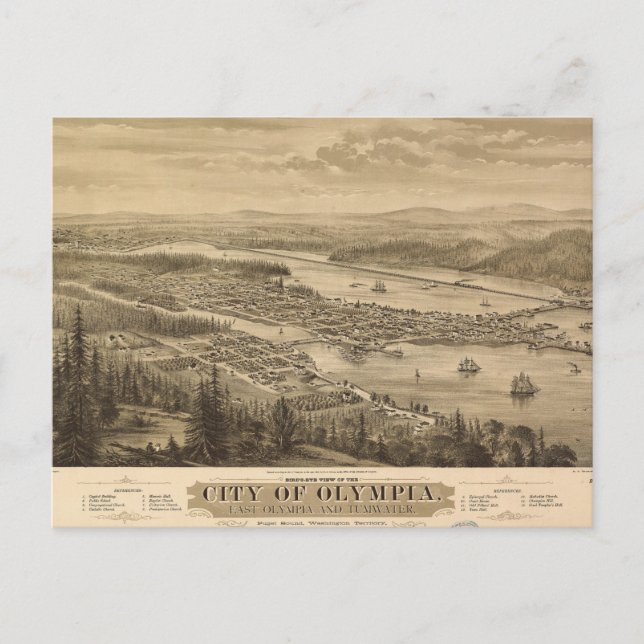 Birdseye view of Olympia, Washington (1879) Postcard (Front)