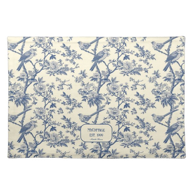 Birdsong Cobalt and Cream Toile de Jouy Cloth Placemat (Front)