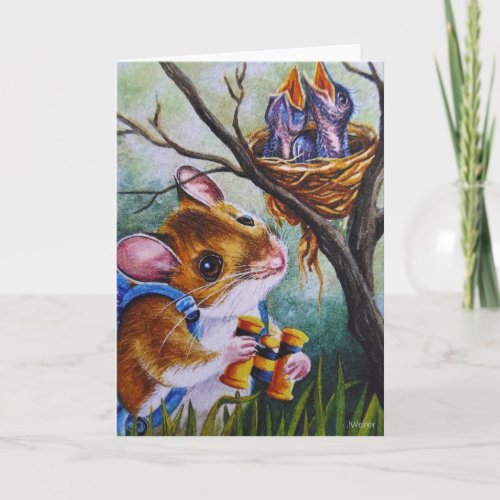 Birdwatching Field Mouse Finds Nest Watercolor Art Card