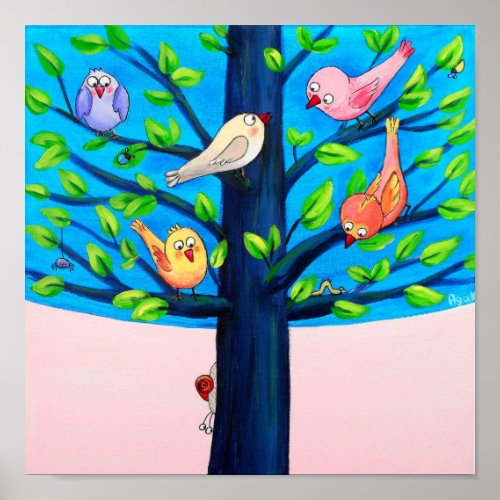 Birdy Tree  Joyful Birds On A Tree Nursery Poster