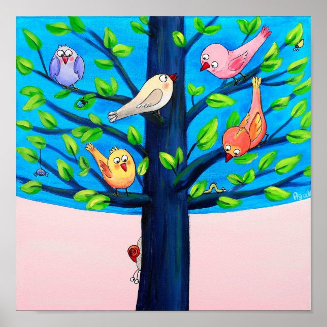 Birdy Tree | Joyful Birds On A Tree Nursery Poster (Front)